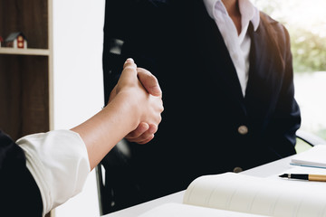 Estate agent shaking hands with his customer after contract signature at modern office