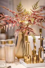 Backgrounds, decorations (vases, flowers, glass) placed on a wooden table. Always show in the home, garden.