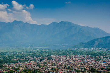 Srinagar city view with lake and mountain, Jammu and Kashmir state, India