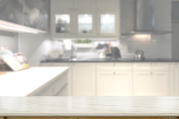 Marble countertops with modern kitchen room background.