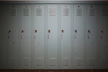 Back to School Concept - Light Blue Gray Student Lockers at a High School or College © holly