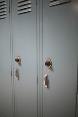 Back to School Concept - Light Blue Gray Student Lockers at a High School or College