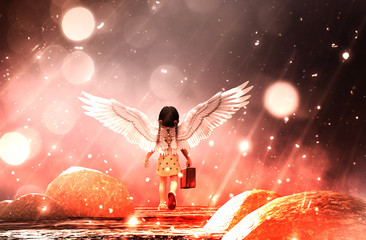 Little angel's adventure in starry night,3d illustration conceptual background