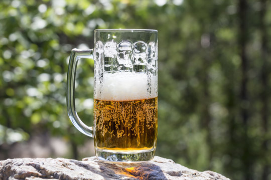 Mug of fresh beer stands on a rock in the woods