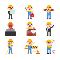 Cute characters working at the construction site. flat design style vector graphic illustration set