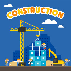 construction building and cute characters flat design style vector graphic illustration set