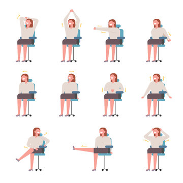 Stretching exercises for women at work for health. flat design style vector graphic illustration set