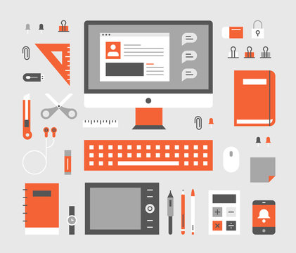 Office Supplies on the desk. flat design style vector graphic illustration set