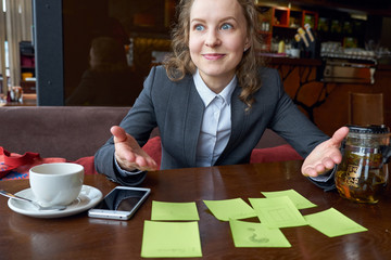 thinking amazed woman found a solution. Many stickers, questions, options. Concept portrait. eureka, success, discovery