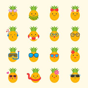 cute pineapple with face in summer beach theme such as swim ring, sun glasses, headphone, Hawaii costume 