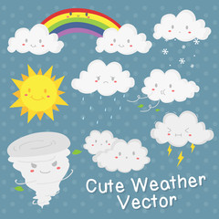 Set of cute weather with different expression. Weather cartoon vector set