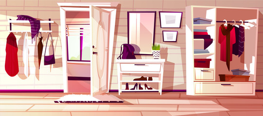 Vector cartoon hallway with open white door. Interior background of house. Furniture - closet with shelves, rack and hangers with clothes. Cozy antechamber with window, carpet. Corridor to exit, lobby