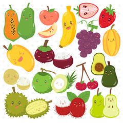Set of cute fruits with different expressions, cartoon vector