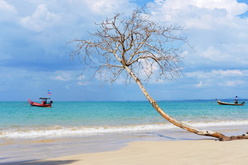 Fototapeta premium Amazing landscape of Andaman Sea, Thailand. Blue sky, azure water and fishing boat. Concept: travel destination, exotic place