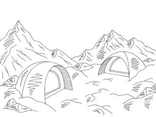 Camping graphic black white snow mountain landscape sketch illustration vector