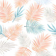 Seamless watercolor pattern with tropical leaves.