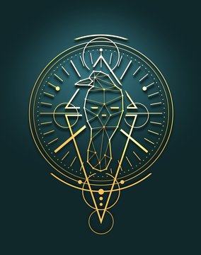 Mystical geometry symbol. Linear alchemy, occult, philosophical sign. Low poly raven. For music album cover, poster, sacramental design. Astrology and religion concept. 3D rendering