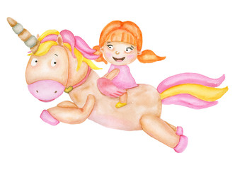 Watercolor girl flys on fairy unicorn.  Children's watercolor illustration isolated on white background. Magic horse with child for baby shower card, birthday postcard, poster.