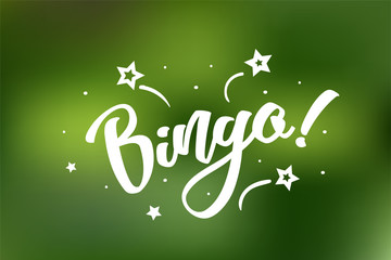 Bingo card. Beautiful greeting scratched calligraphy white text word stars. Hand drawn invitation design. Handwritten modern brush lettering green bokeh lights background vector