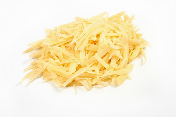 Heap of grated cheese, isolated on white background.