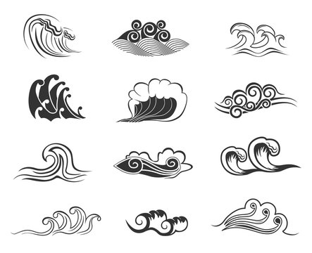 Sea and ocean waves retro symbols with water swirl