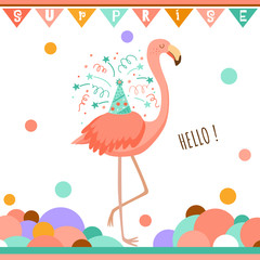 Birthday greeting card with flamingo. Doodle vector illustration