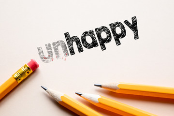 Making unhappy in to happy by eraser. Cencept for action and reaching goals