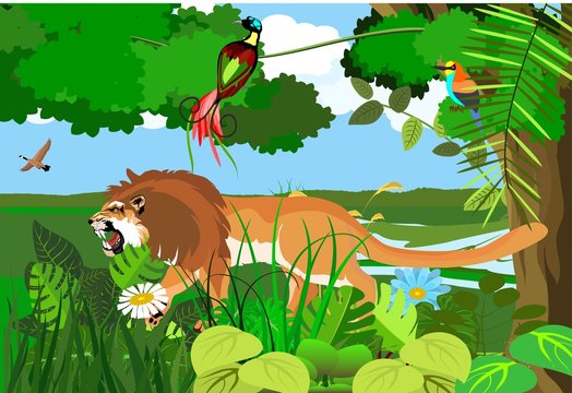 Growling lion walking in jungle vector illustration