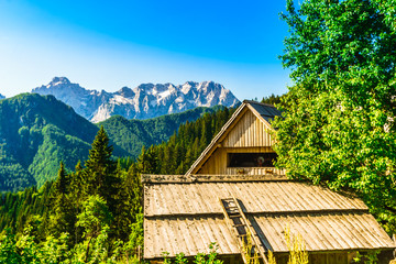 View on farm in the mountains by Logar valley in the slovenian Alps © streetflash