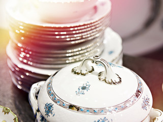 Tureen and stack of plates