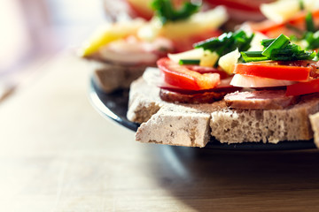 Delicious healthy homemade sandwiches with vegetables and cold cuts on the plate. Shallow depth of focus.