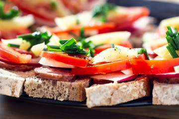 Delicious healthy homemade sandwiches with vegetables and cold cuts on the plate. Shallow depth of focus.