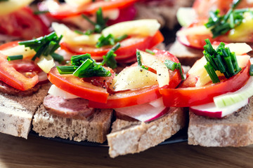Delicious healthy homemade sandwiches with vegetables and cold cuts on the plate. Shallow depth of focus.