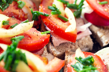 Delicious healthy homemade sandwiches with vegetables and cold cuts on the plate. Shallow depth of focus.