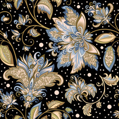 vintage pattern with decorative flowers on a black background - 217821971