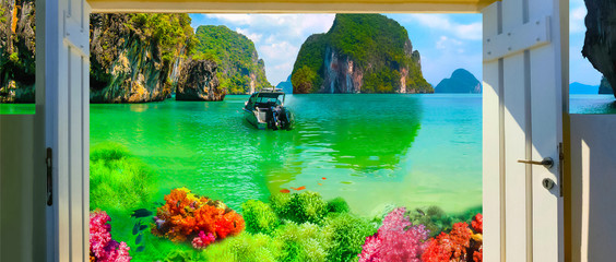 Collage of underwater coral reef and sea surface with green island on the horizon in the Andaman Sea in Thailand
