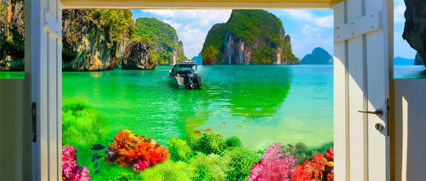 Fototapeta Collage of underwater coral reef and sea surface with green island on the horizon in the Andaman Sea in Thailand