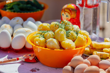 Boiled potatoes in a dish on a table