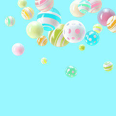 Abstract spheres on blue background, colorful and realistic illustration. Vector design template.