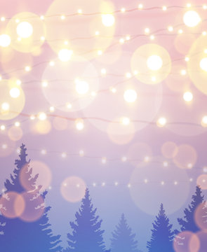 Beautiful background with blurred christmas lights and fir trees. Vector illustration eps10.