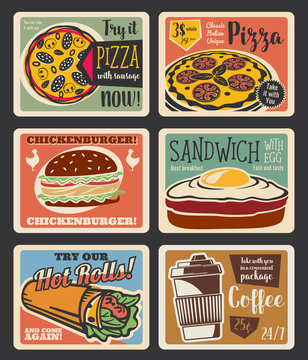 Fast food menu vintage card with takeaway snack
