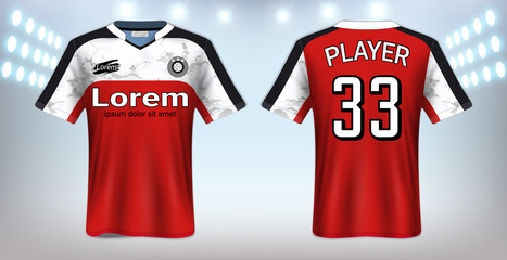 	 Soccer Jersey and Sportswear T-Shirt Mockup Template, Realistic Graphic Design Front and Back View for Football Kit Uniforms, Easy Possibility to Apply Your Artwork, Text, Image, Logo