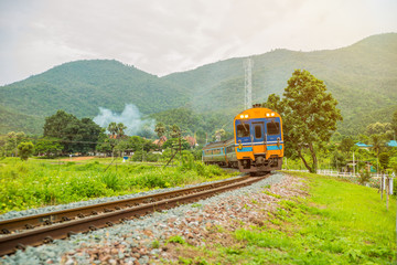Obraz premium Railroad track bridge crossing river (white bridge painted pink) at Thailand