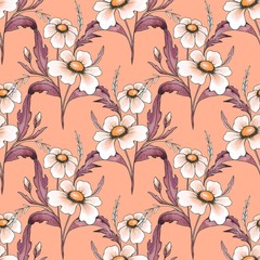 Floral seamless pattern. Watercolor background with white flowers. Ink and watercolor