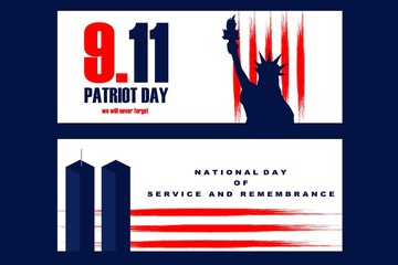 National Freedom Day Illustration with the Statue of Libertyll and the World Trade Center Towers. Poster or banners template - September 11. USA flag lines as background.
