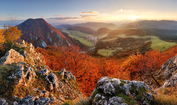 Slovakia autumn landscape panorama at sunset