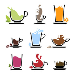 Set of splash silhouette cup of tea, coffee, water, milk or juice. Color icons of beverages. JPG include isolated path