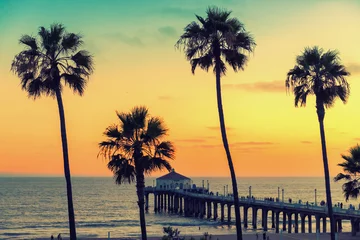 Crédence de cuisine en verre imprimé Jetée Palm trees on Manhattan Beach and pier at sunset in Los Angeles, California. Vintage processed. Fashion travel and tropical beach concept. 