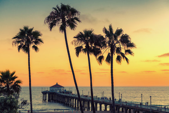 Manhattan Beach at sunset in California, Los Angeles, USA. Vintage processed. 