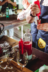 championship among coffee houses, members of teams show barista's skill, prepare drinks, teamwork